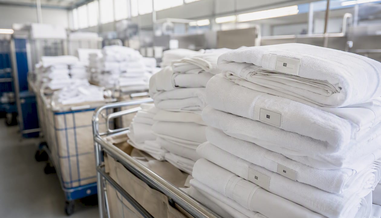 UHF RFID tags on hotel linens in laundry