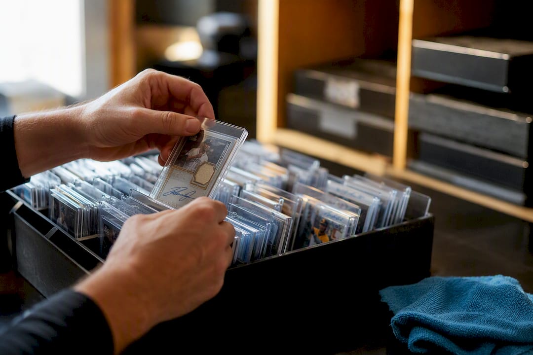 Hands selecting autographed sports card in organized shop