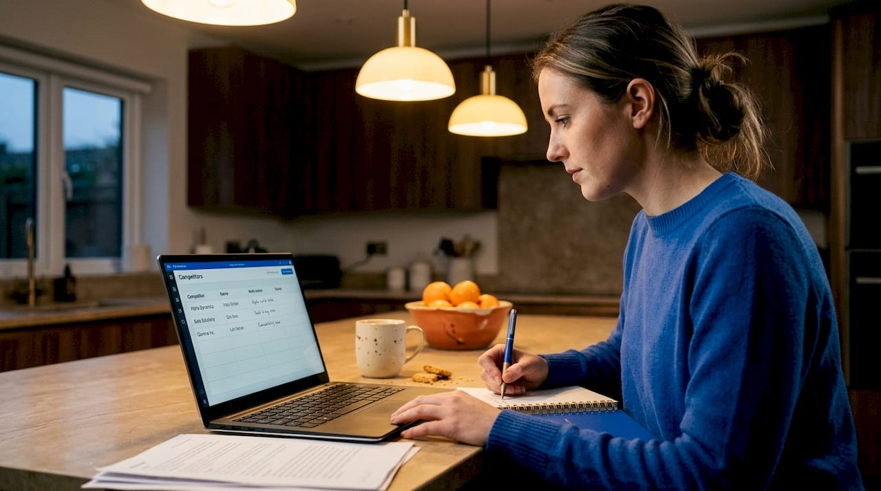 Professional reviewing competitor data at home workspace
