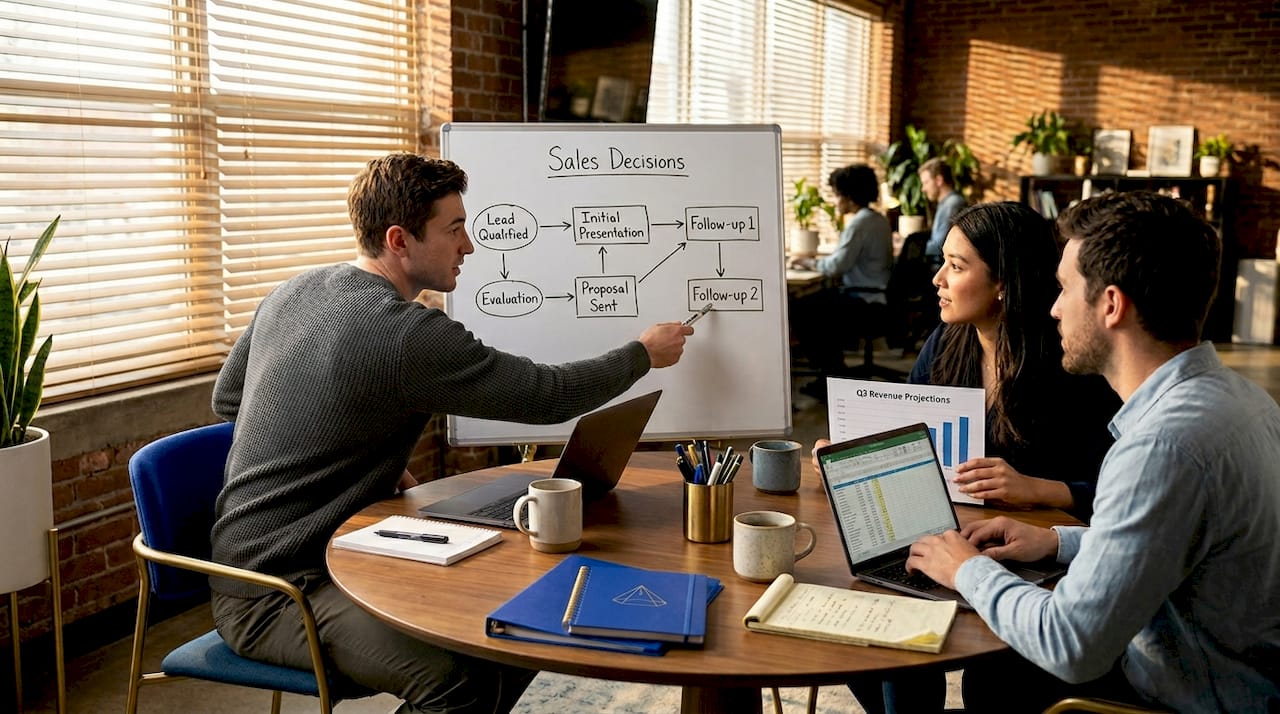 Small business team discussing sales decisions