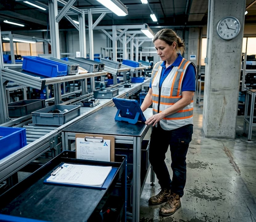 Factory supervisor reviewing AI production report