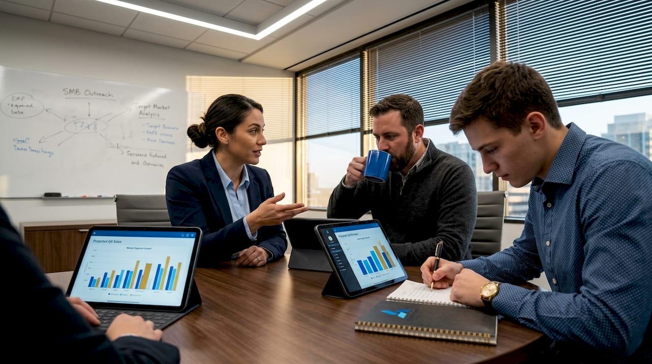 Coworkers analyzing data on tablets during meeting