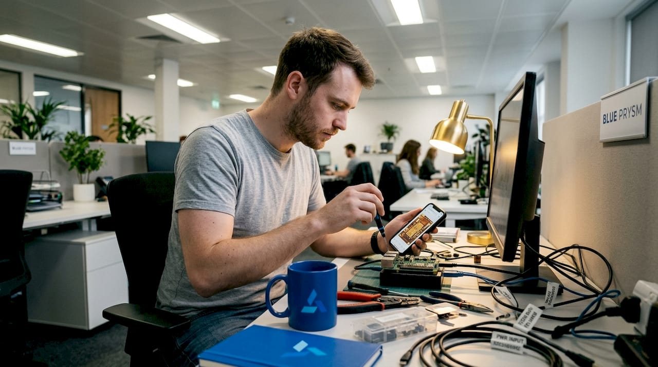 Technician configures edge AI device at workbench
