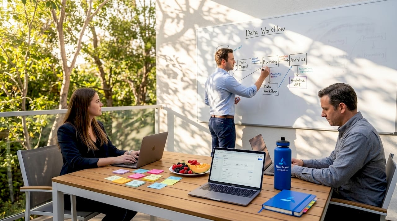 Team sketching data workflow at whiteboard
