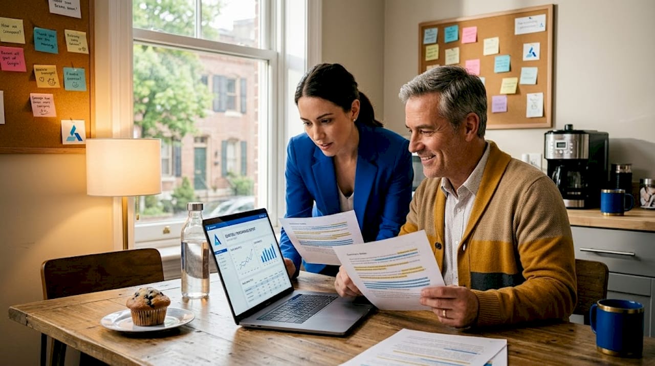 Colleagues reviewing business intelligence report together