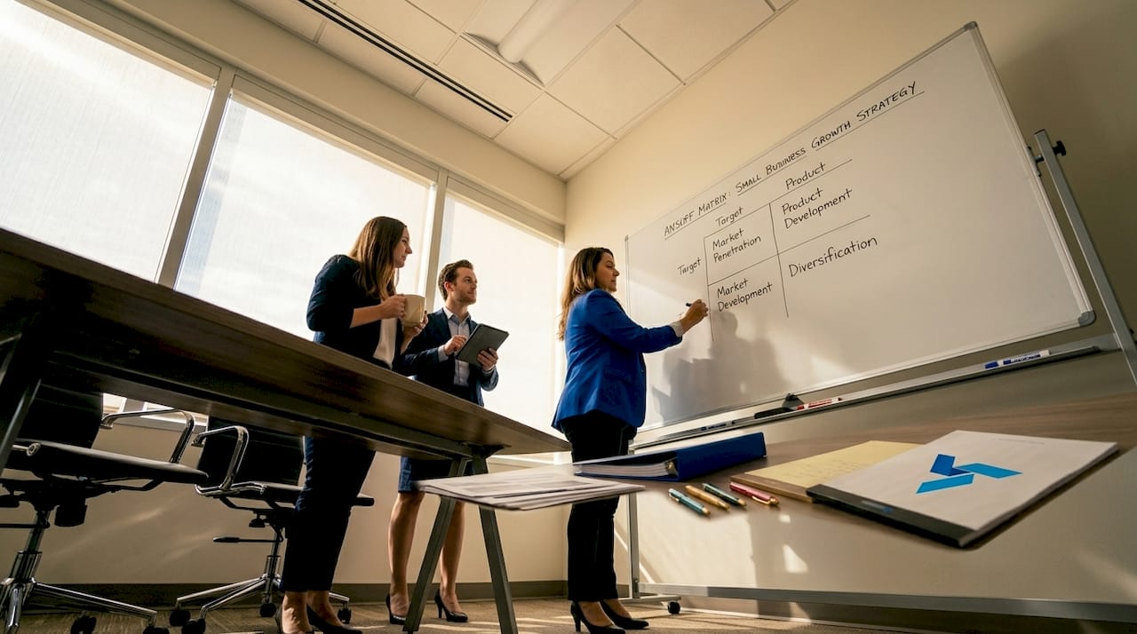 Team discusses growth strategy Ansoff Matrix