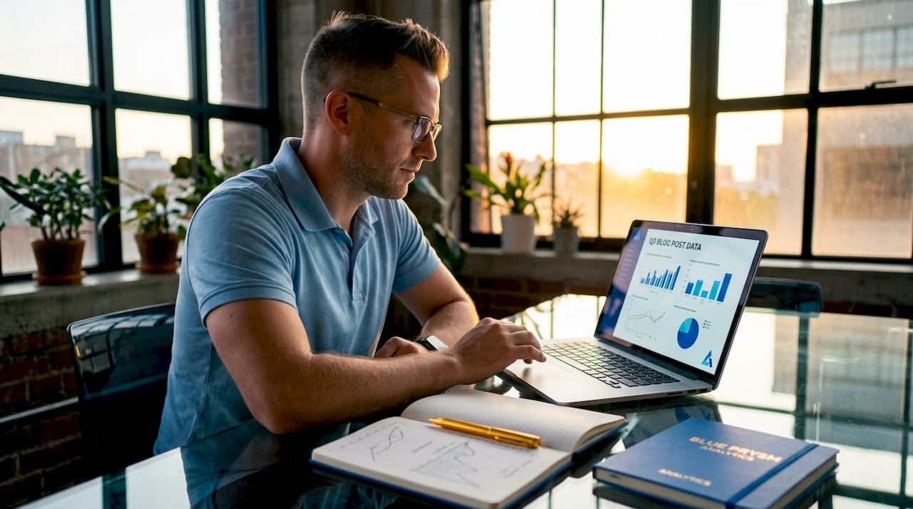 Man reviewing data visualizations on laptop