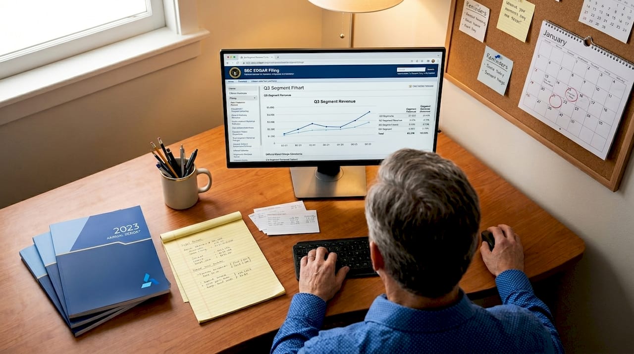 Professional researching SEC filings in home office