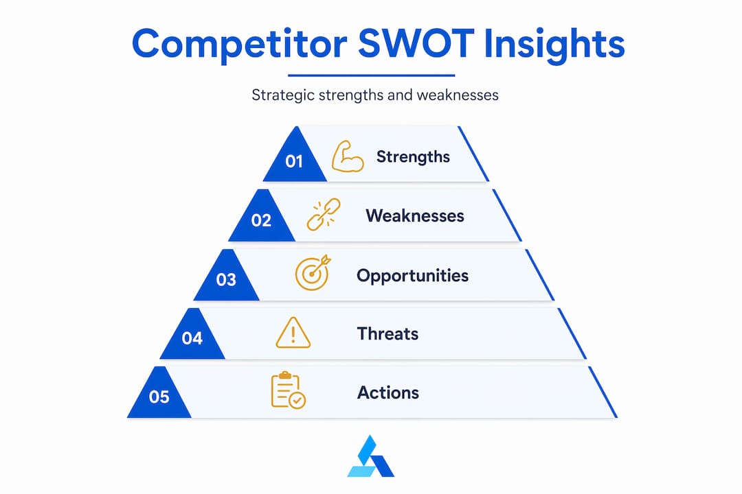 Hierarchy infographic showing SWOT tiers for competitors