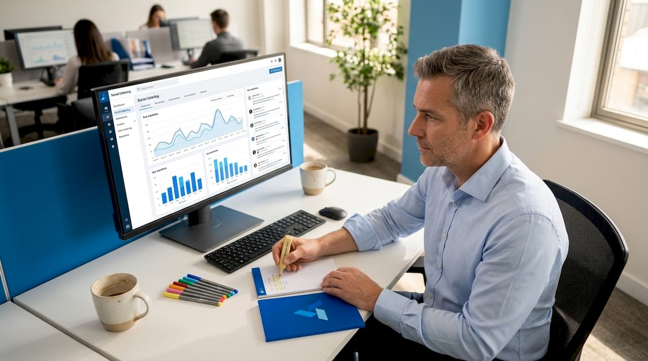 Analyst reviews social listening dashboard at work