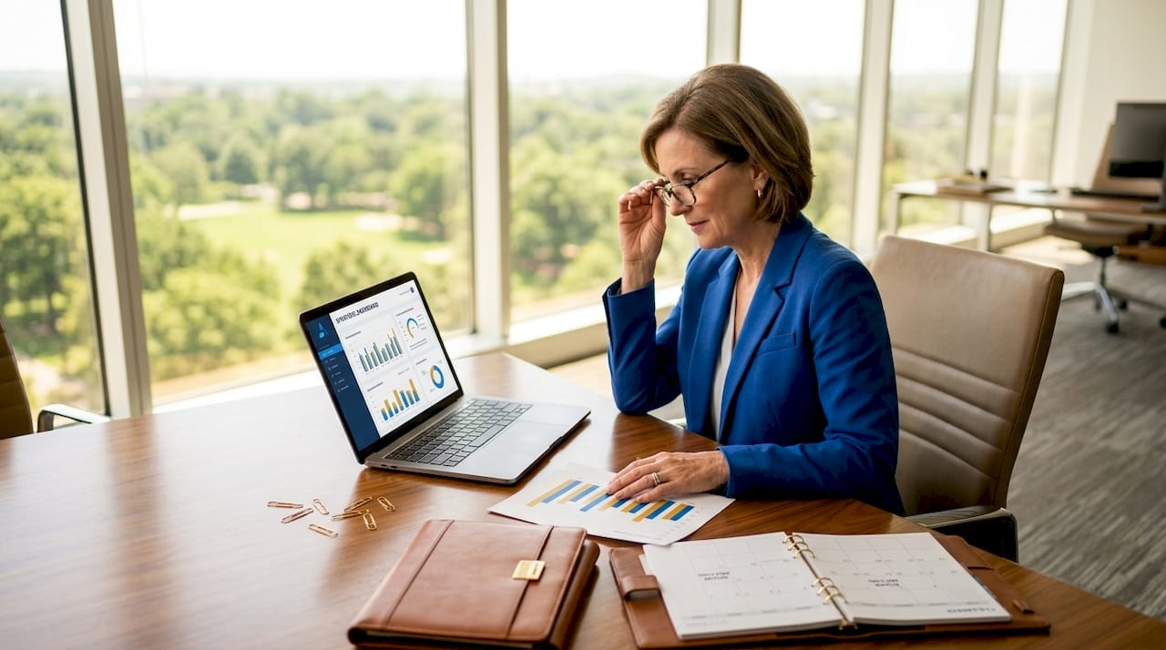 Executive analyzing strategic dashboard on laptop