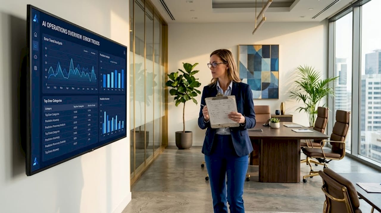 Manager reviewing AI dashboard at workstation