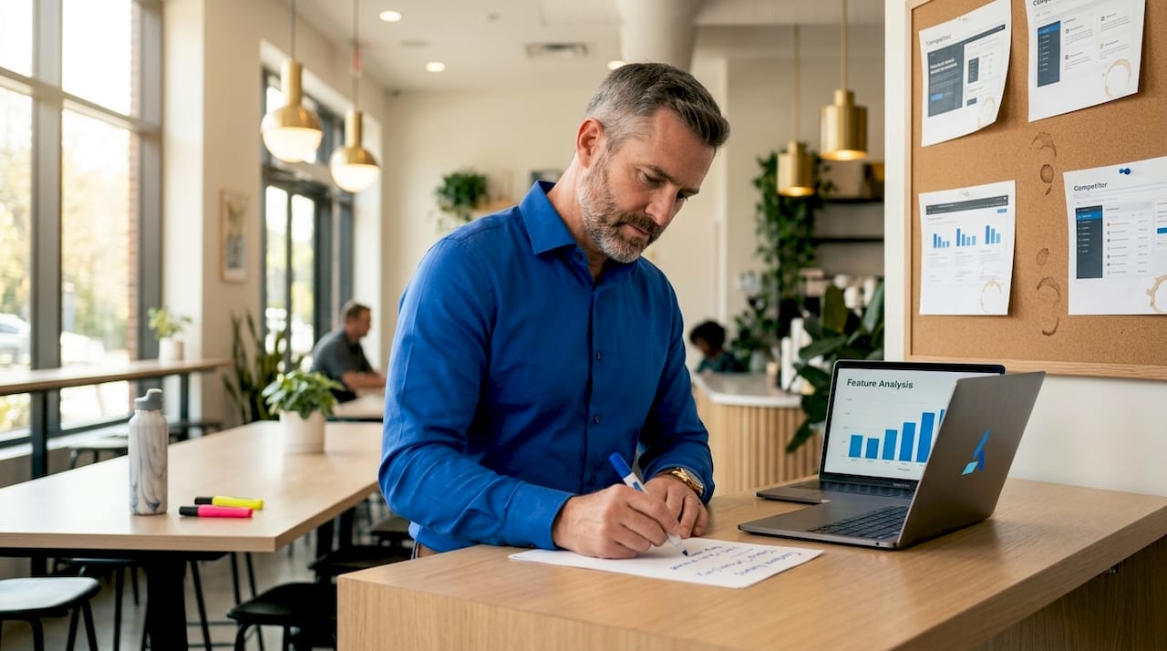 Analyst reviews competitor data on office whiteboard