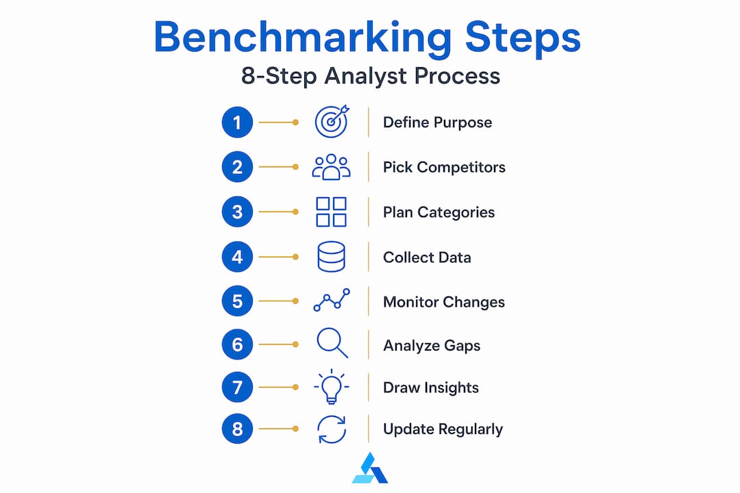 Infographic illustrating 8 key benchmarking steps