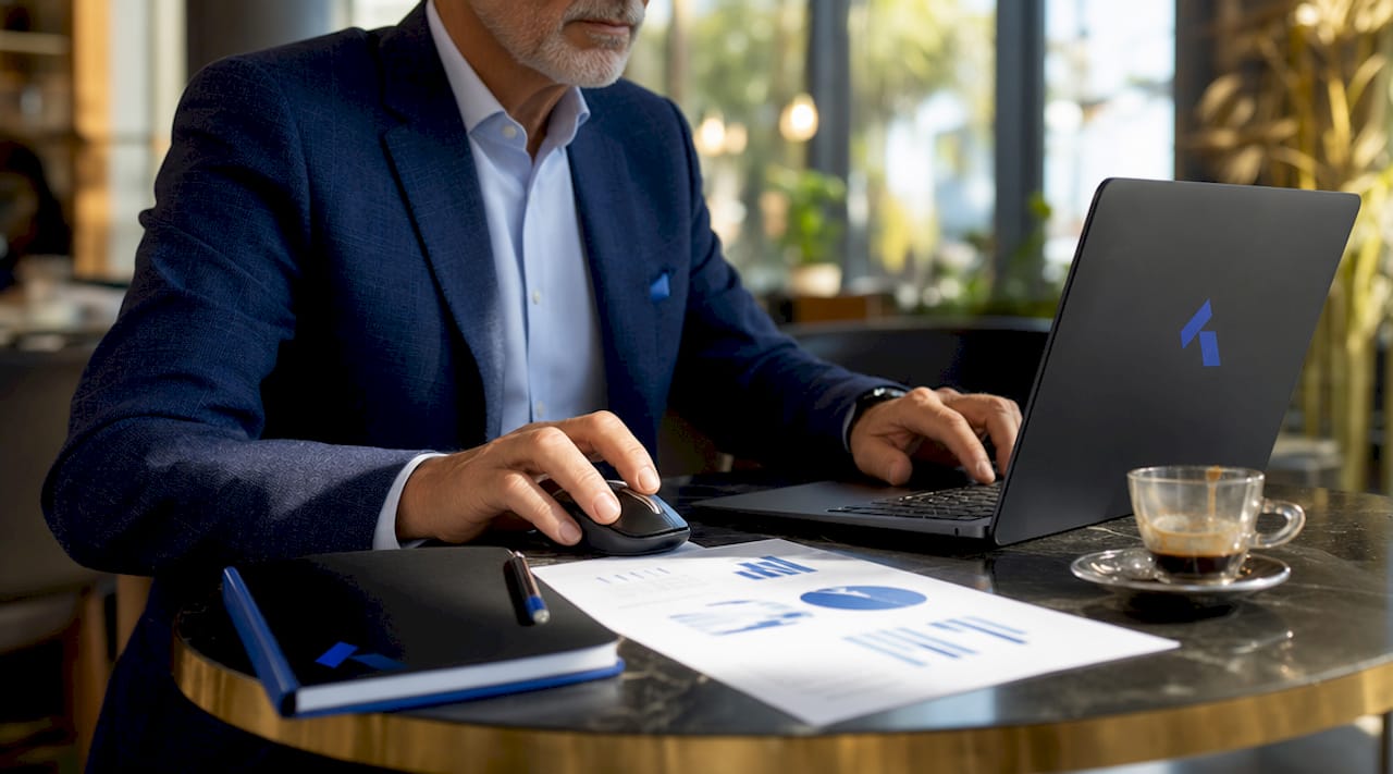 Executive interacting with analytics tools documents