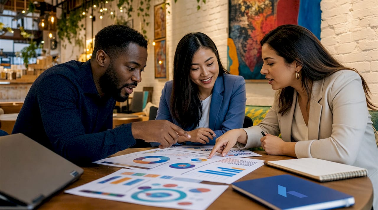 Team discussing market analysis data together