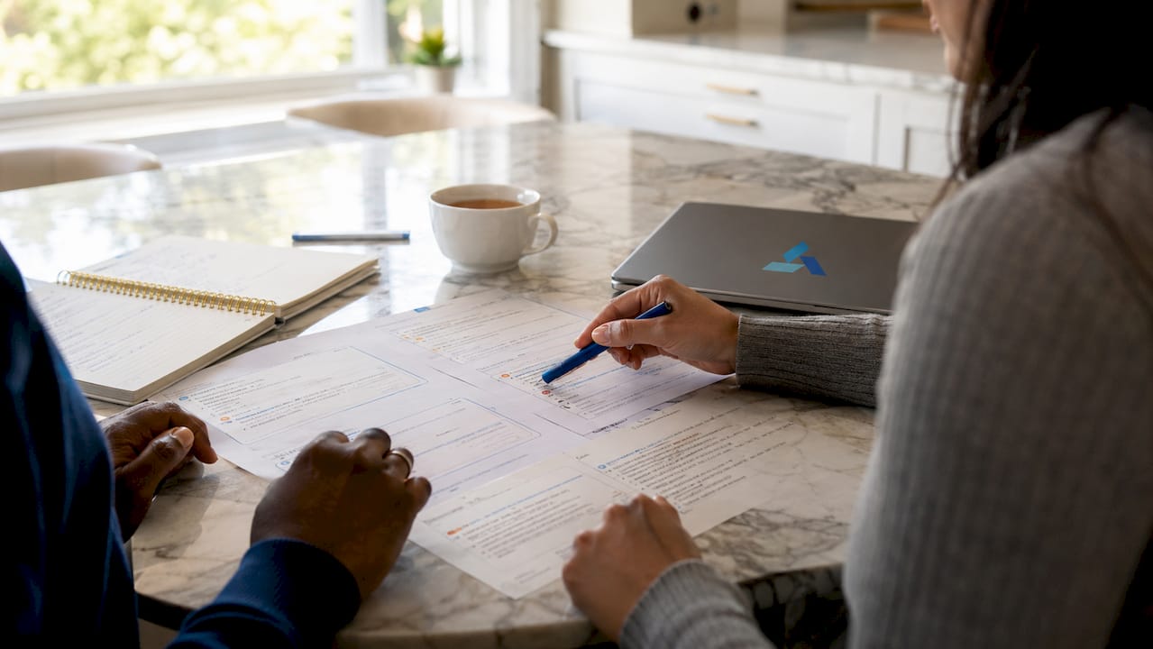 Hands marking AI test transcripts with pen