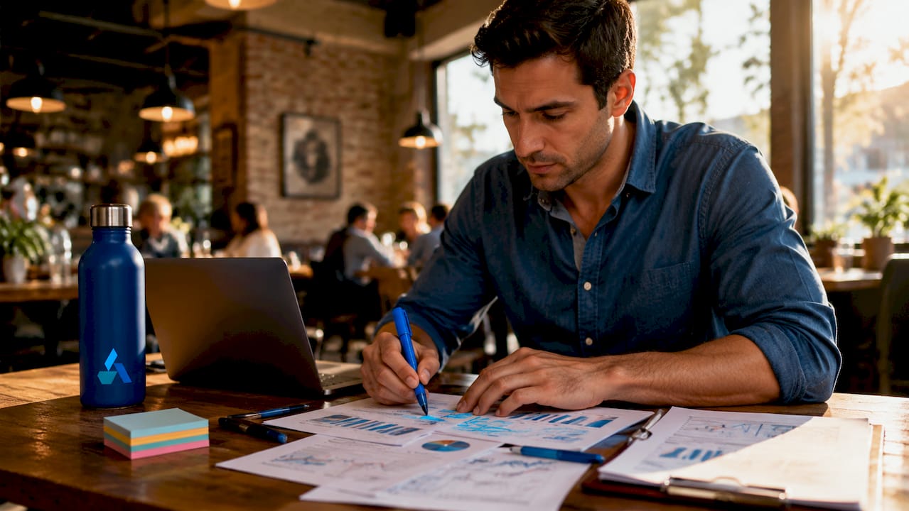 Data analyst reviewing AI market data sheets