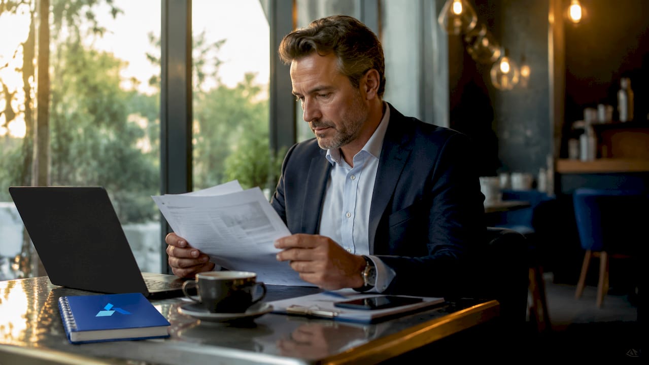 Man reviewing briefing papers at home desk