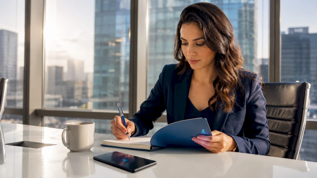 Hands writing in Blue Prysm branded planner on executive desk