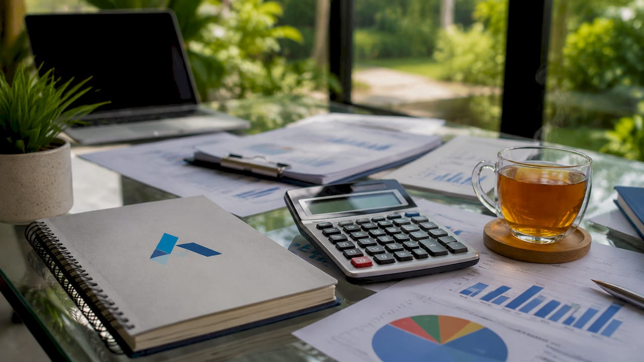Calculator and charts with Blue Prysm logo on desk