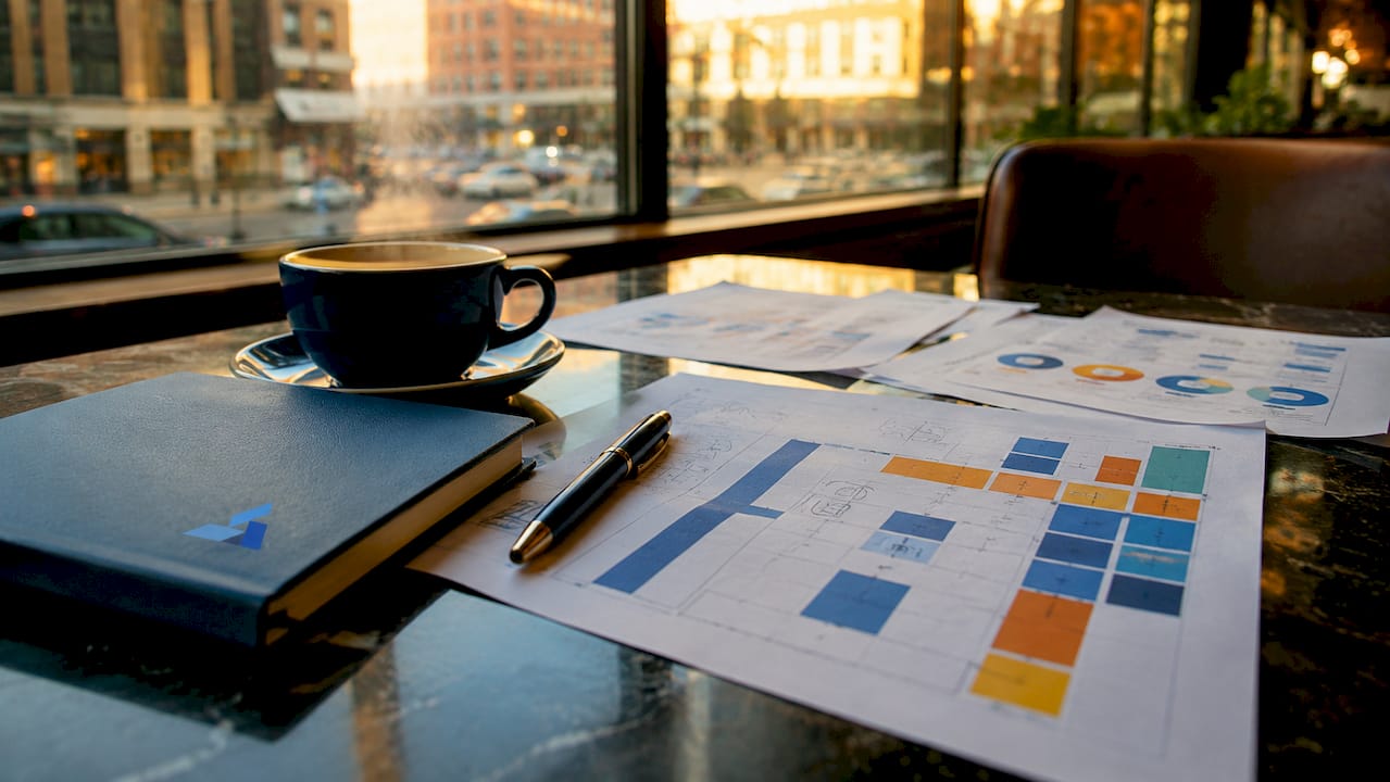 Close-up of scenario planning tools and documents with logo