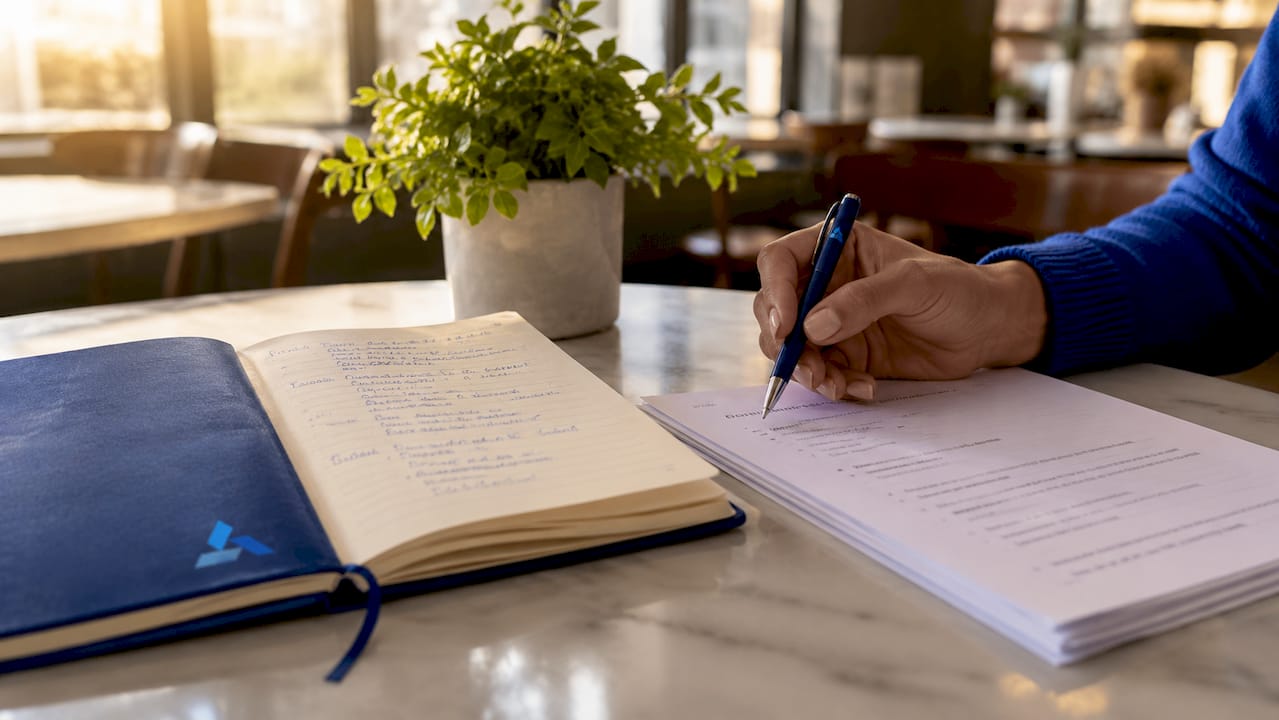 Close-up of hand with pen over sales objection notes