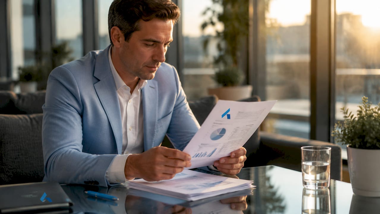 Hands reviewing printed strategy document with Blue Prysm logo