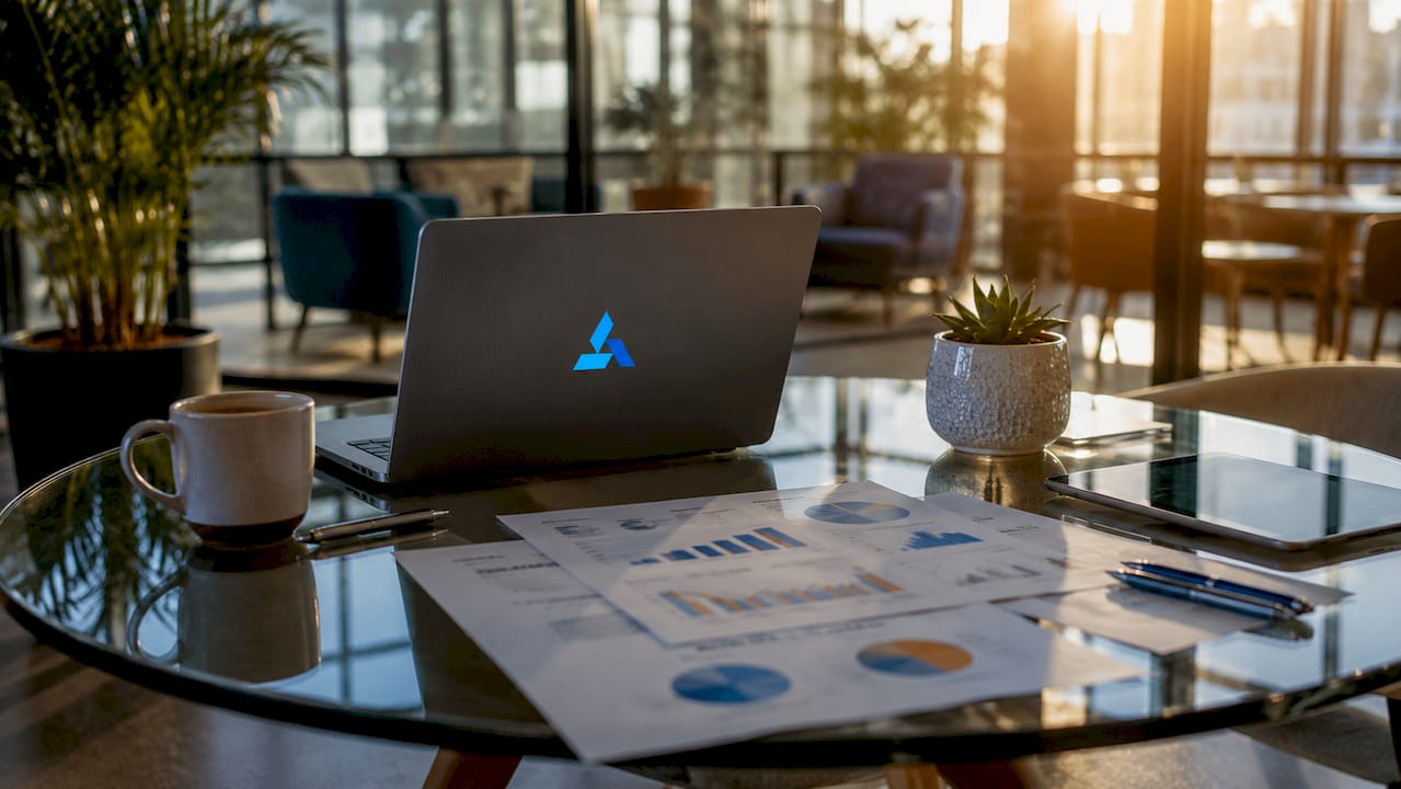 Overhead shot of business growth analysis desk setup