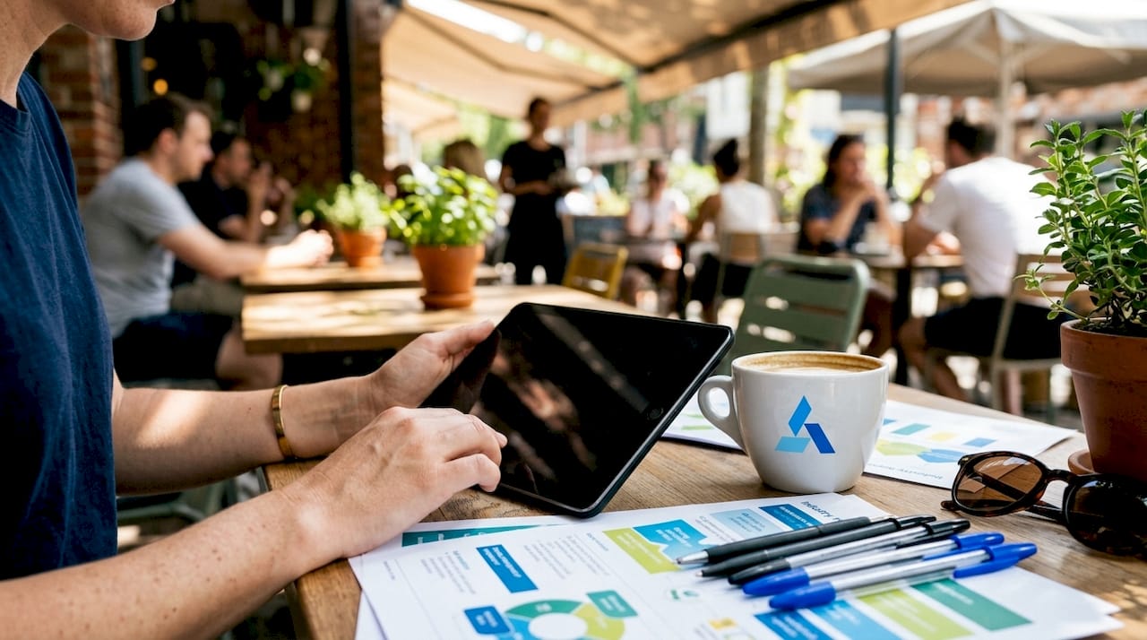 Hands using tablet with analytics tools