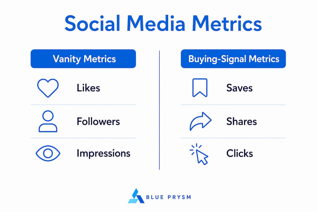 Infographic comparing social media vanity and buying-signal metrics