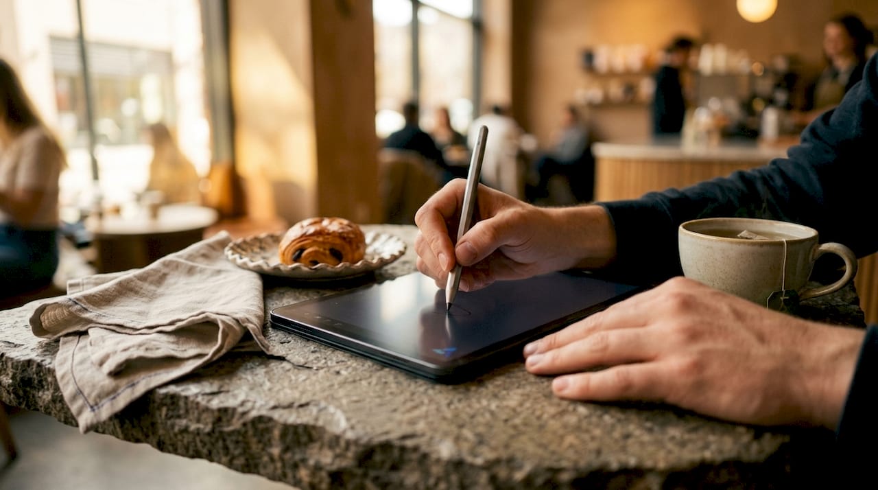 Hands using digital pen on tablet with Blue Prysm logo