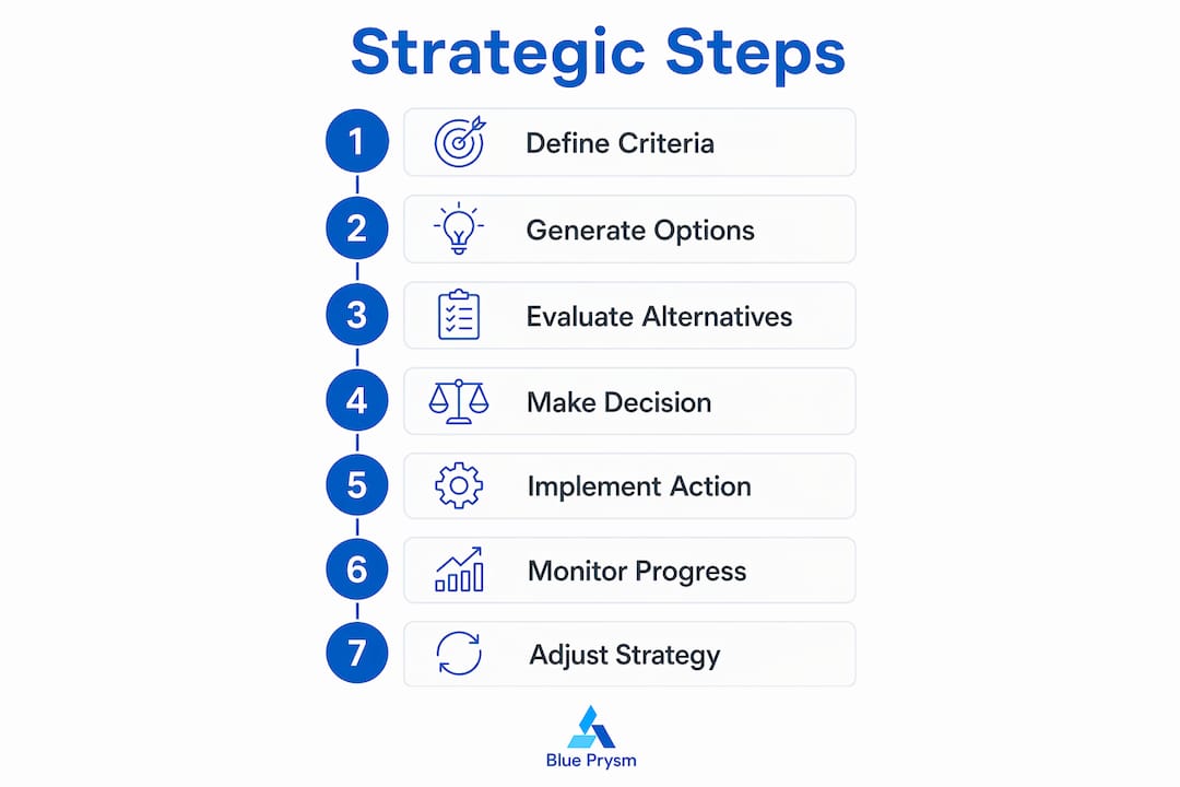 Infographic illustrating seven steps of strategic decision making