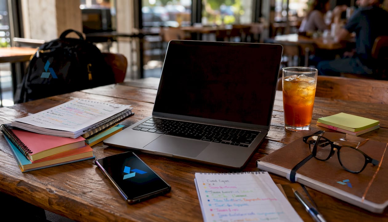 Office desk with devices and Blue Prysm brand elements