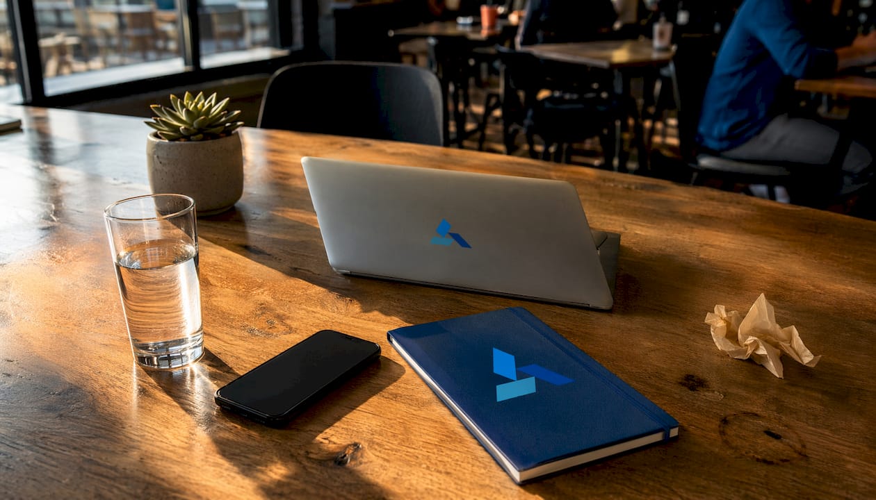 Startup workspace with Blue Prysm notebook and laptop