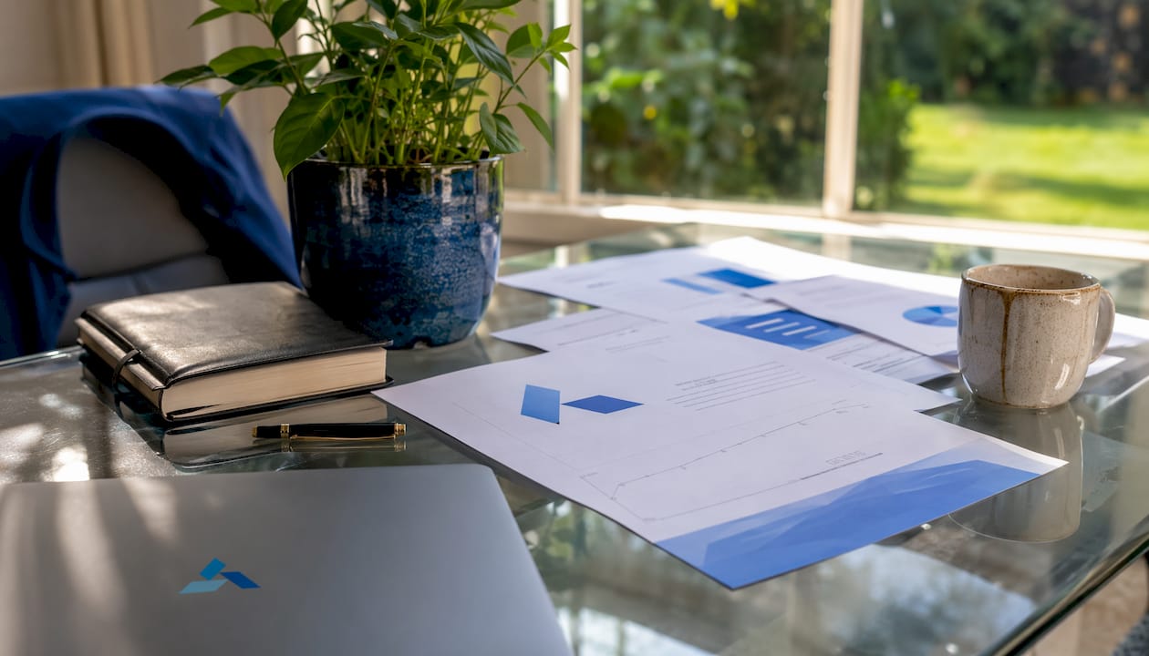 Desk with strategic brief documents and work tools