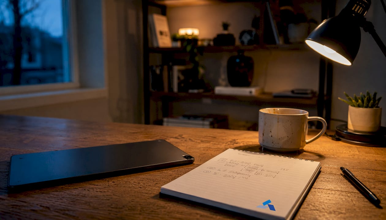 Close-up workspace with pricing notes and Blue Prysm logo