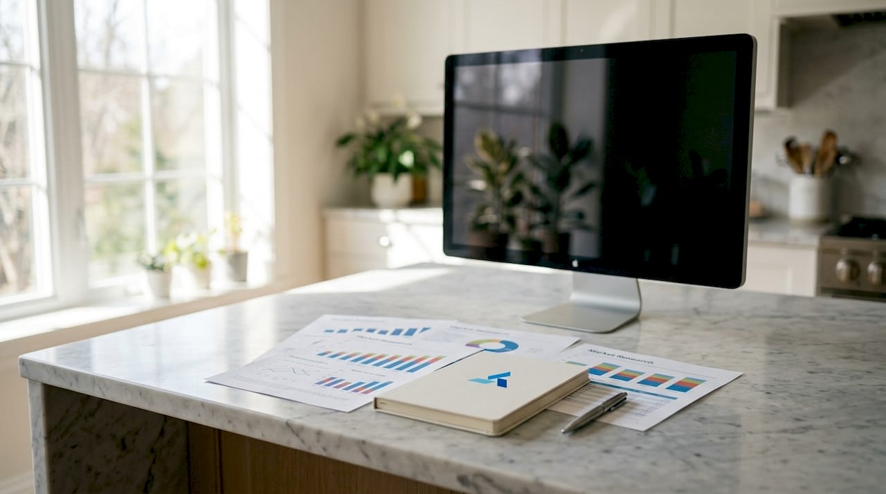 Home office desk with market analysis documents and Blue Prysm logo