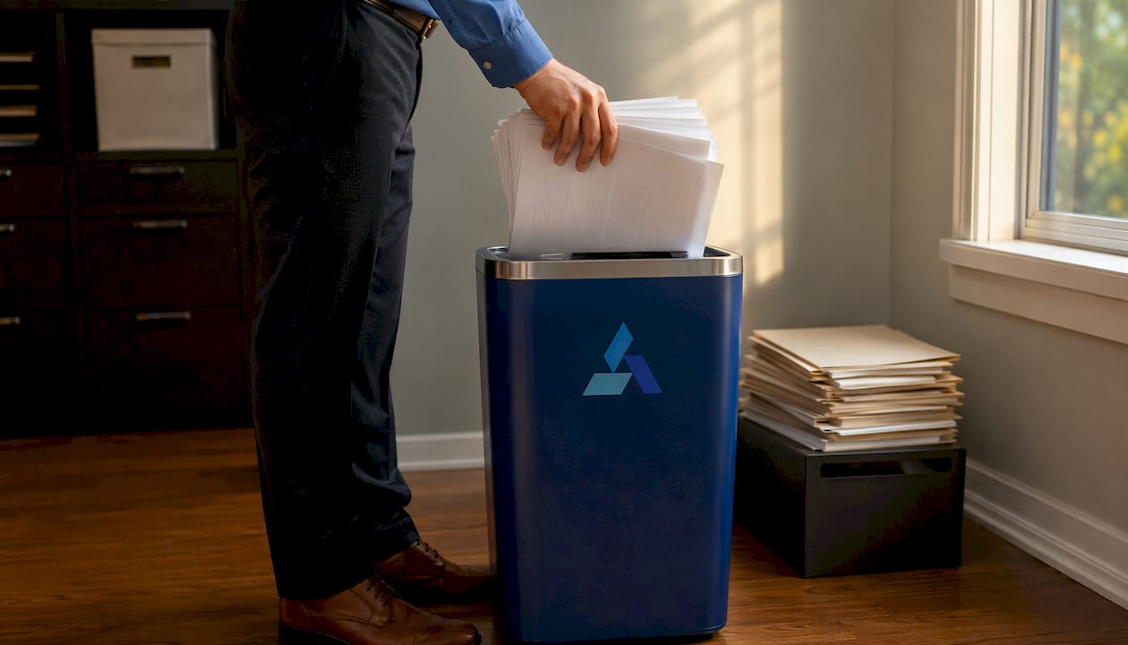 hand shredding documents in Blue Prysm branded bin