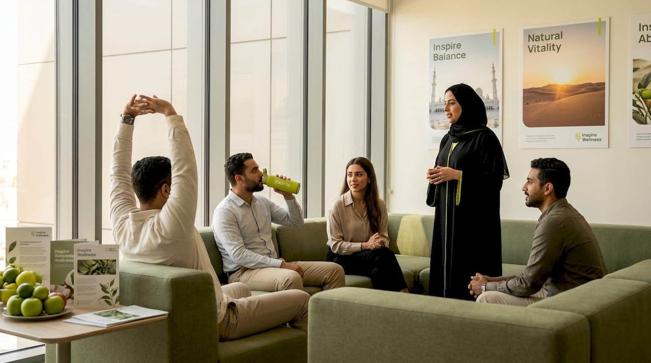 Multinational staff at wellness session break room