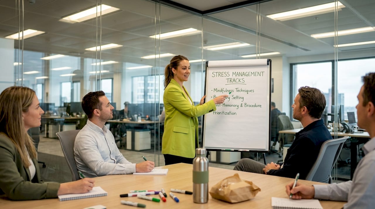 Wellness coach leading stress management group