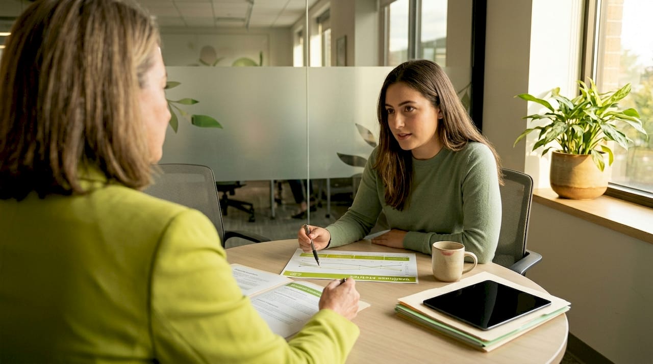 HR manager and employee discuss wellness checklist