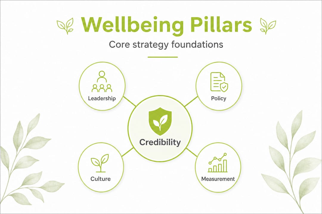 Hierarchy infographic showing wellbeing strategy pillars