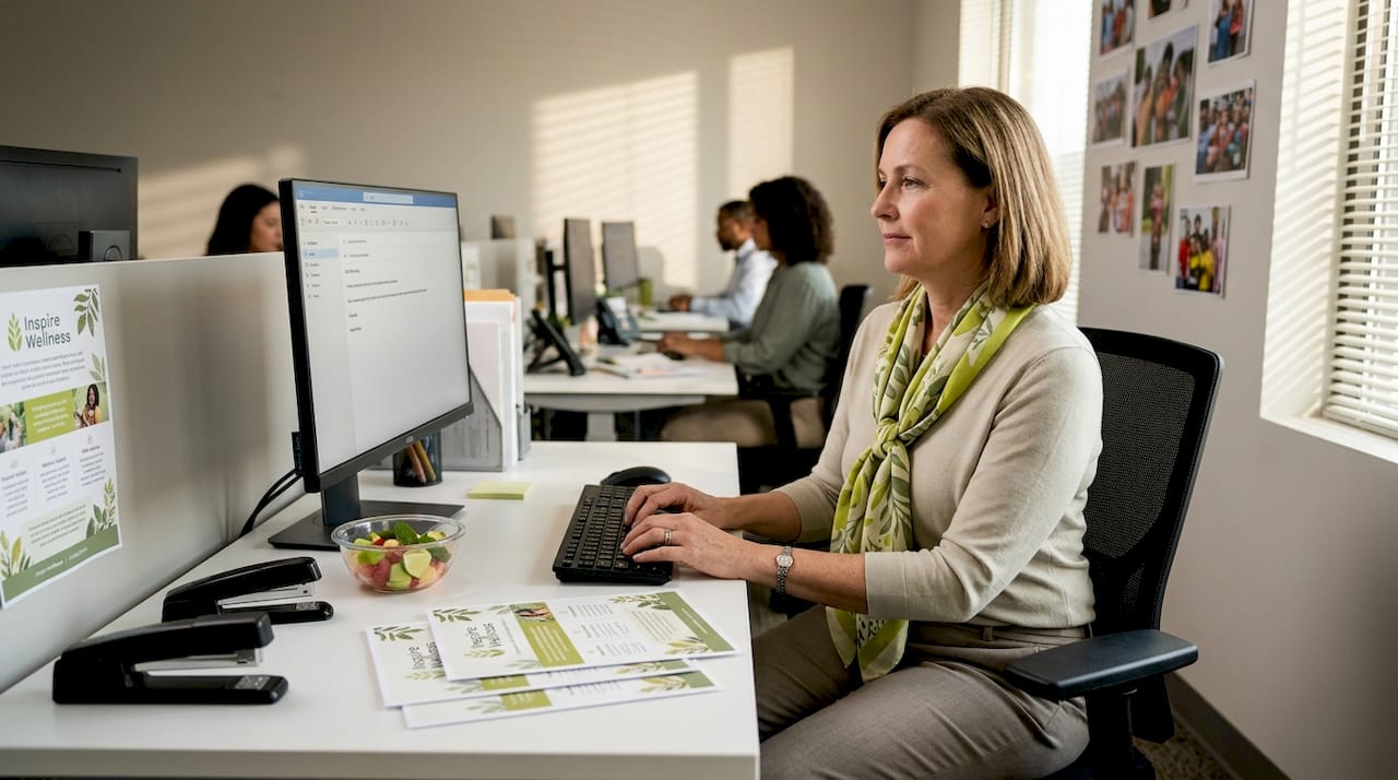 HR manager organizing wellness materials at desk