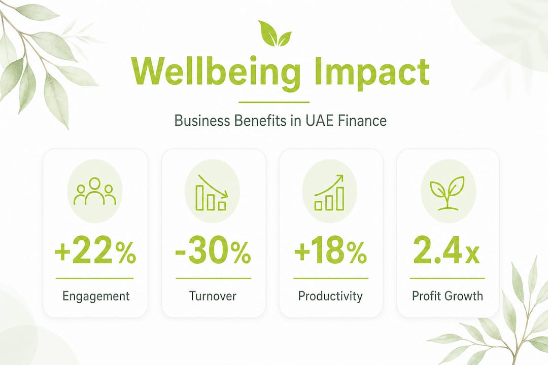 Infographic with stats showing wellbeing impact on business
