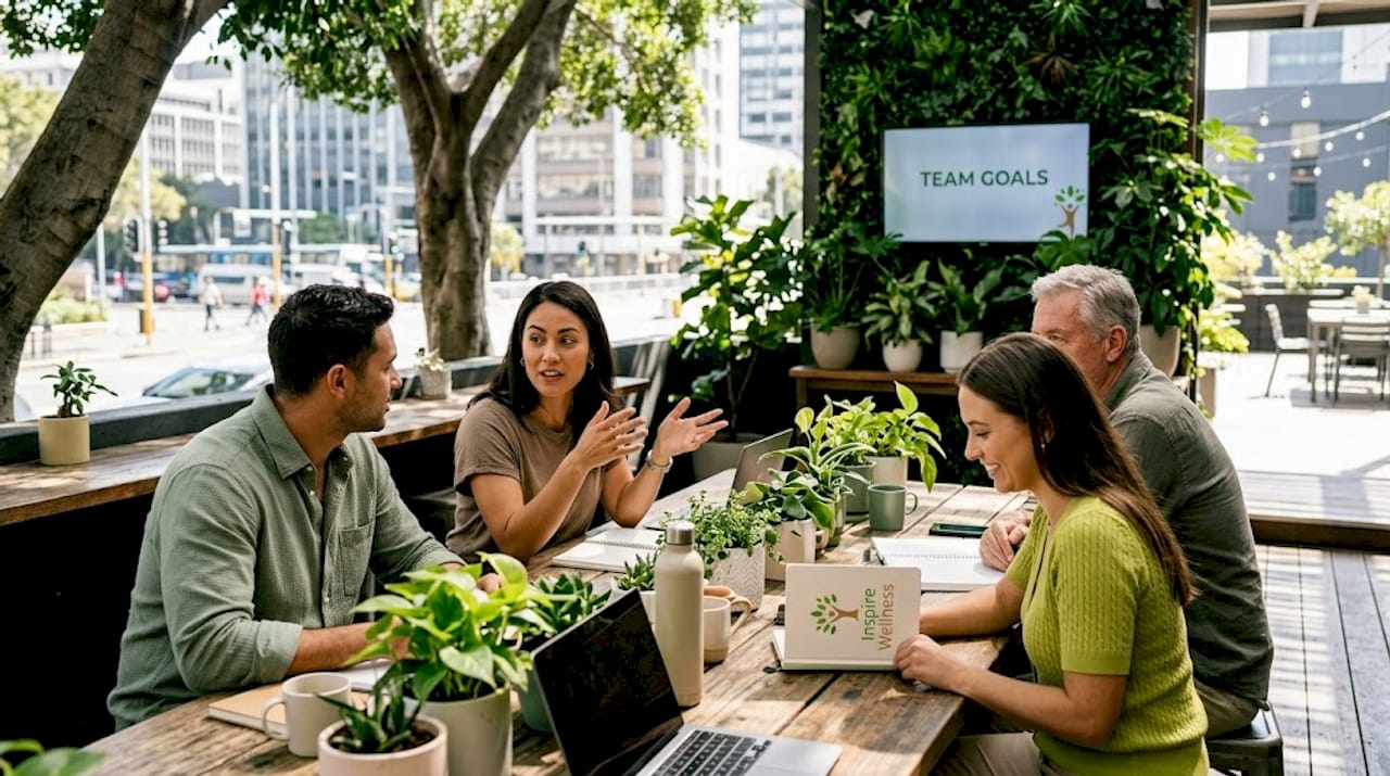 Coworkers collaborating by window in open office