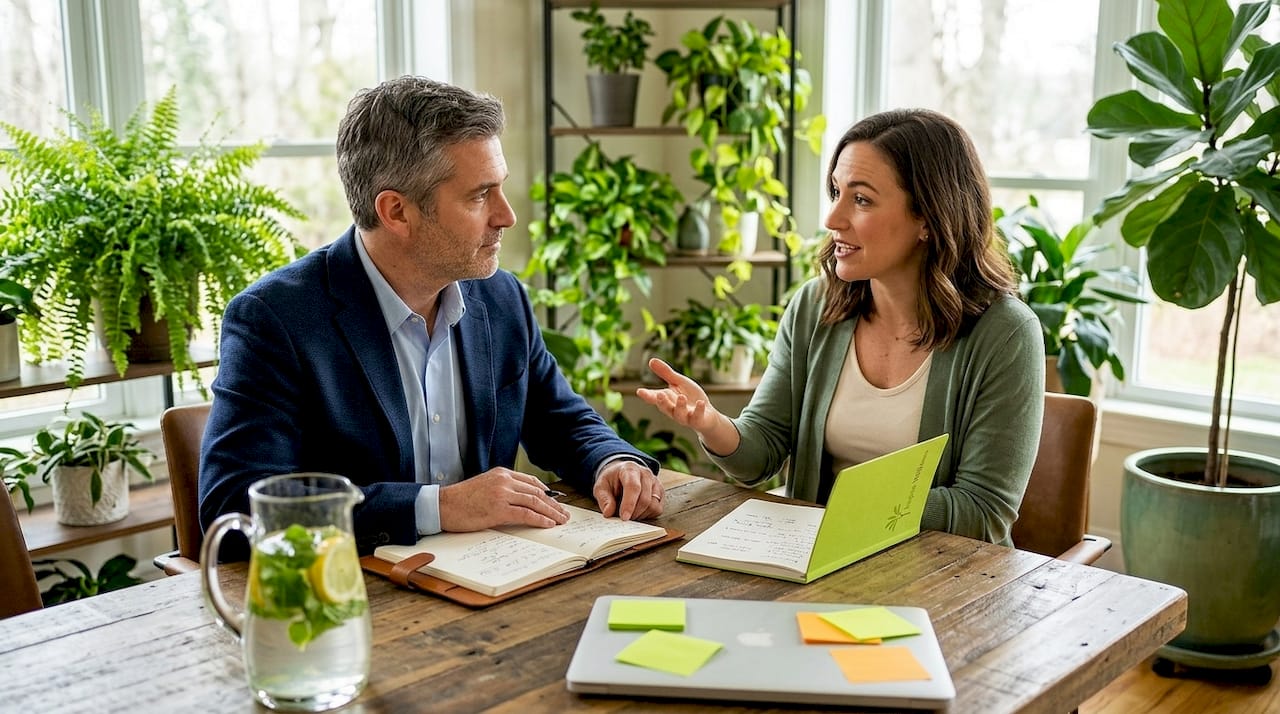 Executive and coach in city office conversation