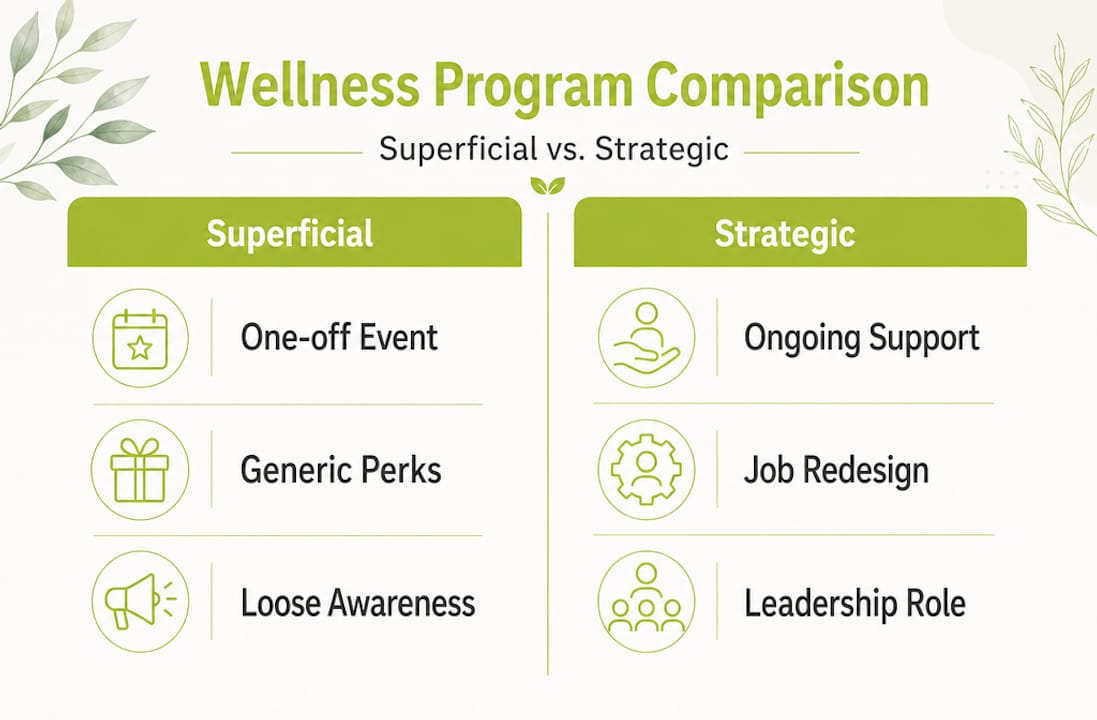 Infographic comparing superficial and strategic wellness programs