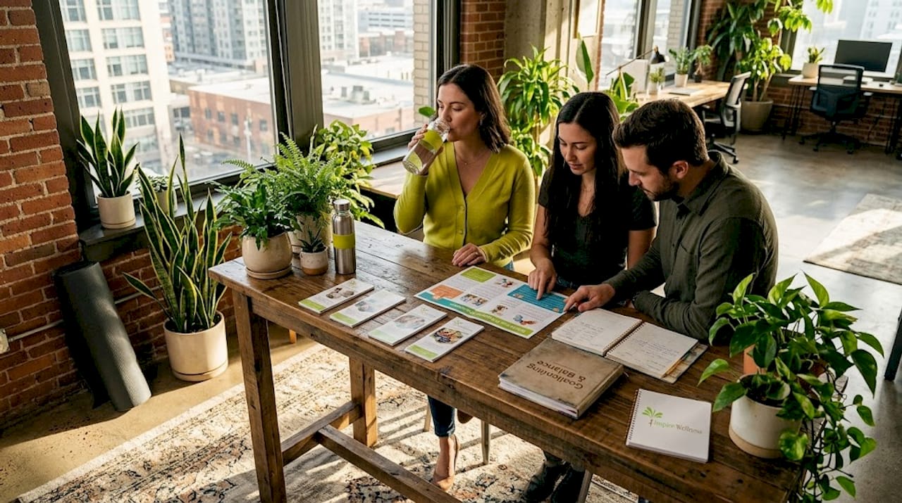 Coworkers discussing wellness in bright office