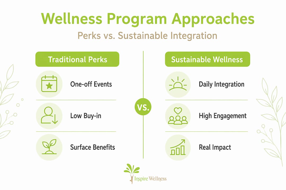 Infographic comparing traditional perks to sustainable wellness